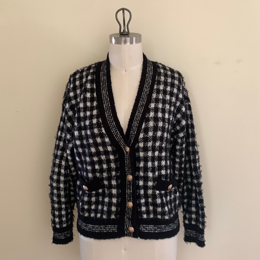 Mango Black & White Plaid Cardigan Sweater with Gold Buttons Size S